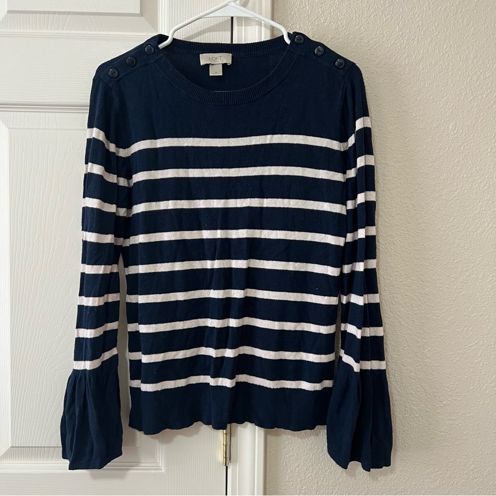 LOFT Outlet Navy Striped Bell Sleeve Sweater Button Shoulder Size M